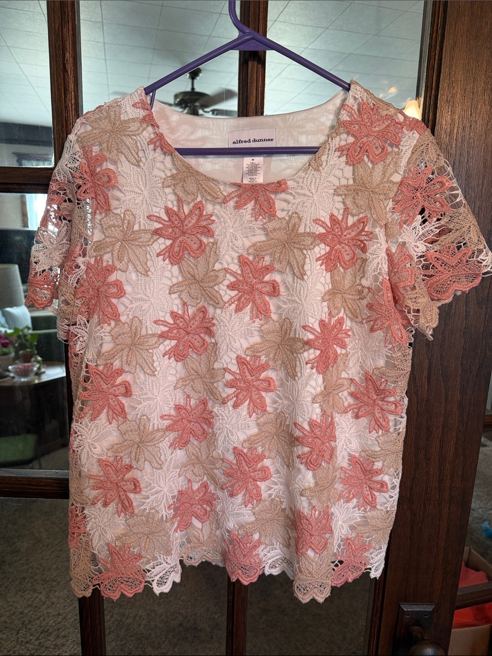 Alfred‎ Dunner Womens Floral Lace Overlay Top Coral Pink Tan White Size M